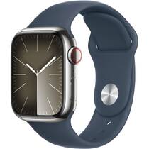 Chytré hodinky Apple Watch Series 9 GPS + Cellular 41mm pouzdro ze stříbrné nerezové oceli - bouřkově modrý sportovní řemínek - S/M (MRJ23QC/A)
