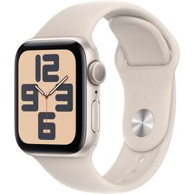 Inteligentny zegarek Apple Watch SE 2023 GPS 44mm pouzdro z hvezdně bílého hliníku - hvězdně bílý sportovní řemínek - S/M (MRE43QC/A)