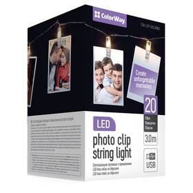 Kołki fotograficzne LED ColorWay 20 kolíčků, délka 3m, USB, teplá bílá (CW-LCP-20L30BU)