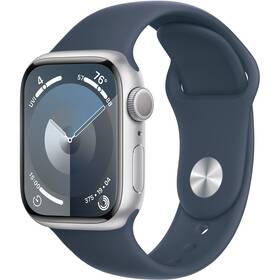 Apple Watch Series 9 GPS 41mm pouzdro ze stříbrného hliníku - bouřkově modrý sportovní řemínek - M/L (MR913QC/A)