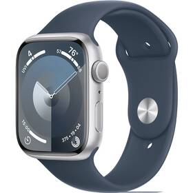 Apple Watch Series 9 GPS 45mm pouzdro ze stříbrného hliníku - bouřkově modrý sportovní řemínek - M/L (MR9E3QC/A)