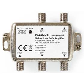 Nedis CATV, Max. zosilnenie 12 dB, 85-1218 MHz, 4 výstupy, spätný kanál - 7,5 dB, 5-65 MHz, konektor F (SAMP41148ME)