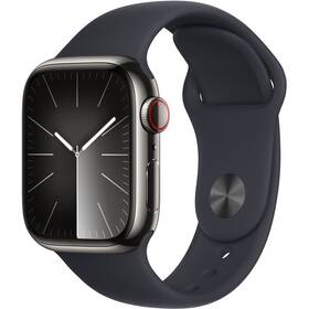 Apple Watch Series 9 GPS + Cellular 41mm pouzdro z grafitově šedé nerezové oceli - temně inkoustový sportovní řemínek - M/L (MRJ93QC/A)