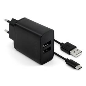 FIXED 2xUSB, 15W Smart Rapid Charge + USB-C kábel 1m (FIXC15-2UC-BK) čierna