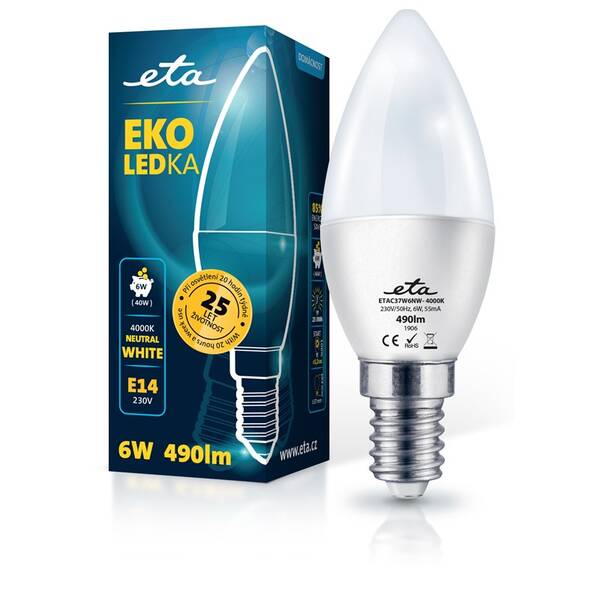 LED žiarovka ETA EKO LEDka sviečka 6W, E14, neutrálna biela (C37W6NW)