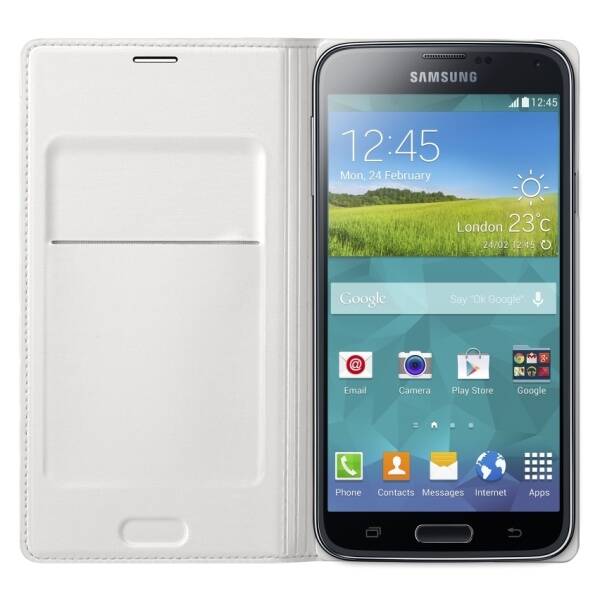 Pouzdro na mobil flipové Samsung pro Galaxy S5 s kapsou (EF-WG900BW) (EF-WG900BWEGWW) bílé (náhradní obal / silně deformovaný obal 8800874541)