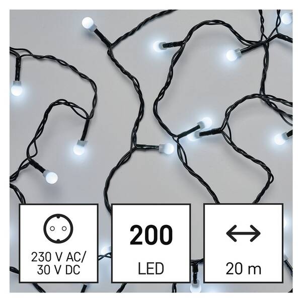 Vánoční osvětlení EMOS 200 LED cherry řetěz - kuličky, 20 m, venkovní i vnitřní, studená bílá, programy (D5AC07) (vráceno - použito 8801425511)