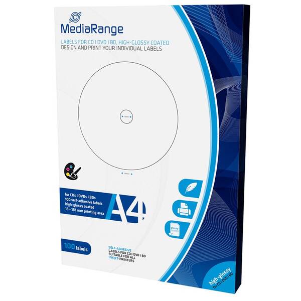Etikety MediaRange CD/DVD/Blu-ray High-Glossy 15mm - 118mm 50 listů(100 etiket) (MRINK132)