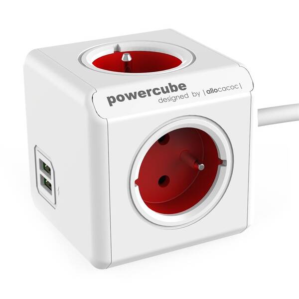 Kábel predlžovací Powercube Extended USB, 4x zásuvka, 2x USB, 1,5m biely/červený