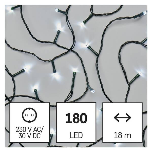 Vánoční osvětlení EMOS 180 LED řetěz, 18 m, venkovní i vnitřní, studená bílá, časovač (D4AC04) (vráceno ve 14 denní lhůtě, servisované 8801311715)