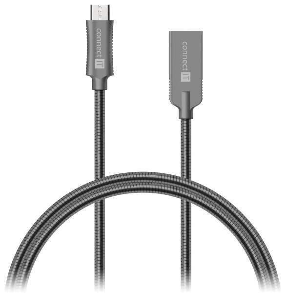 Kábel Connect IT Wirez Steel Knight USB/micro USB, oceľový, opletený, 1m (CCA-3010-AN) sivý