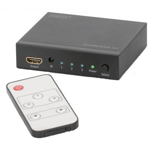 HDMI přepínač Digitus 3x1, podpora 4K + dálkové ovládání (DS-48304) černý (vráceno - použito 8800615607)