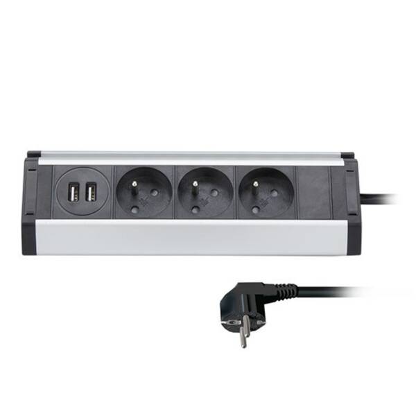 Kabel prodlužovací Solight 3x zásuvka, 2x USB, rohový design, 1,5m (PP104USB) stříbrný