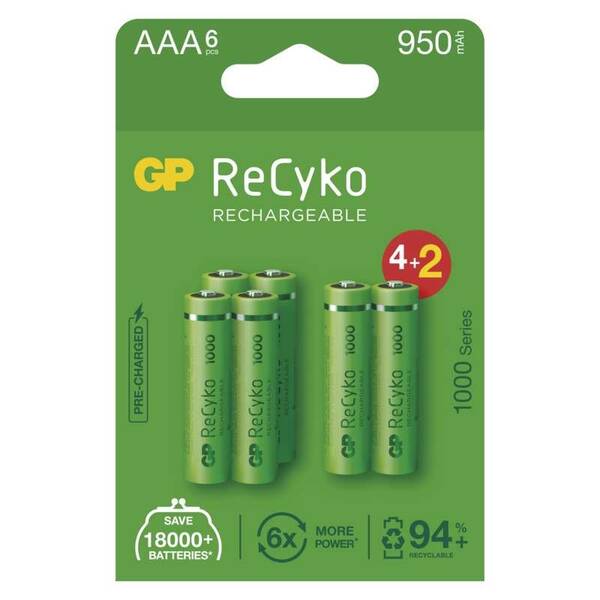 Batéria nabíjacia GP ReCyko, HR03, AAA, 950mAh, NiMH, krabička 6ks (1032126100)