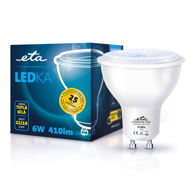LED žiarovka ETA EKO LEDka bodová, 6W, GU10, teplá biela (GU10-PR-410-16A)
