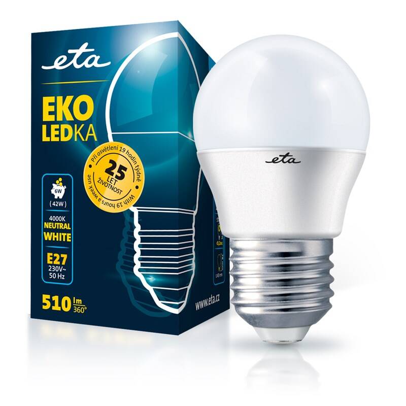 LED žiarovka ETA EKO LEDka mini globe 6W, E27, neutrální bílá (ETAG45W6NW01)