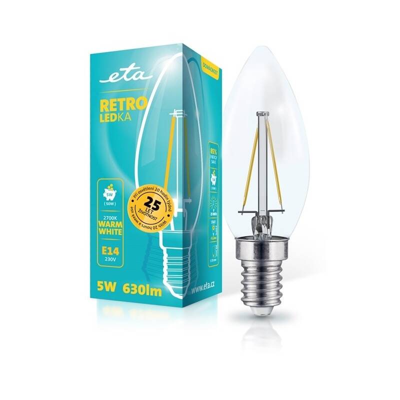 LED žiarovka ETA RETRO LEDka sviečka filiament 5W, E14, teplá biela (C37W5WWF)