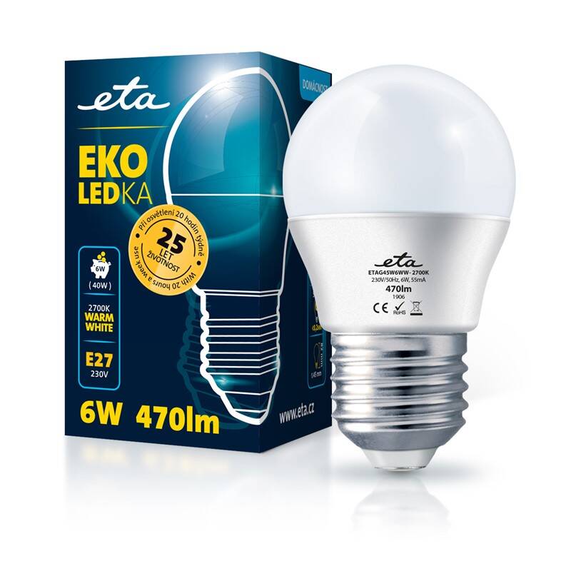 LED žiarovka ETA EKO LEDka mini globe 6W, E27, teplá biela (G45W6WW)