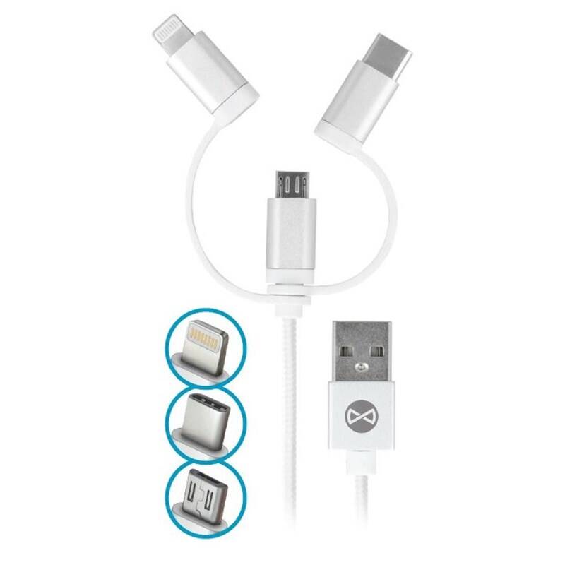 Kábel Forever 3v1, USB/Micro USB + Lightning + USB-C, 1m (T_01625) biely