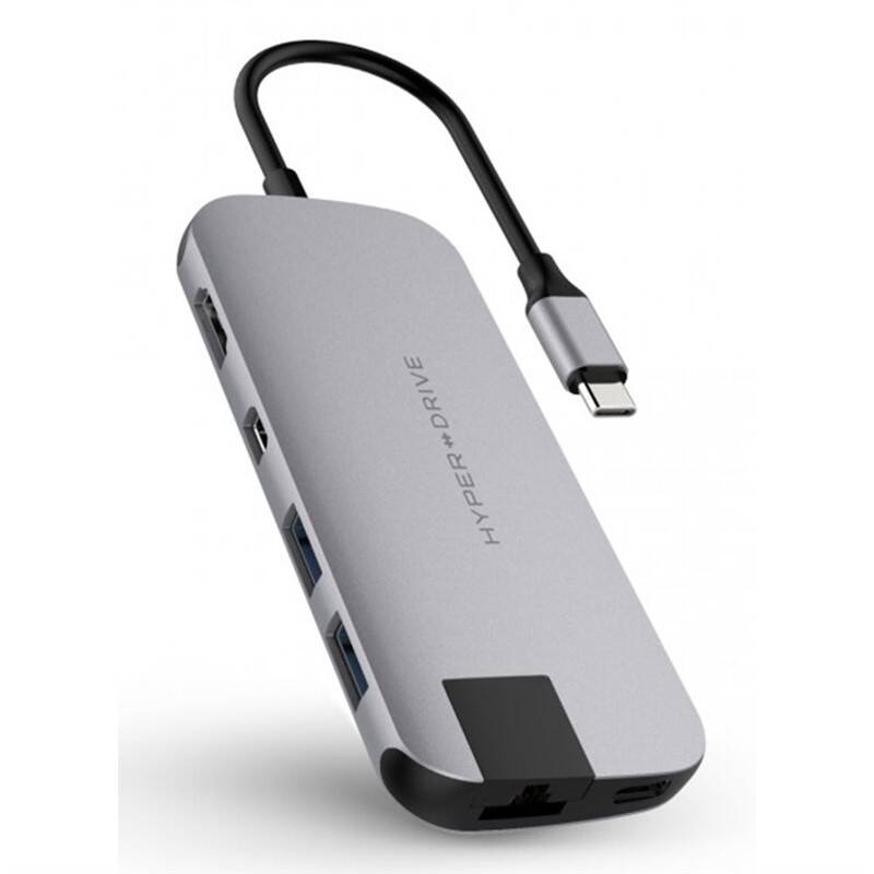 USB Hub HyperDrive Slim USB-C/HDMI, 2x USB 3.1, Mini Display Port, USB-C, RJ45, SD, Micro SD (HY-HD247B-GRAY) sivý