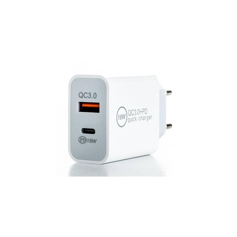Nabíjačka do siete ER Power 18W USB-C PD, USB-A QC 3.0 biela