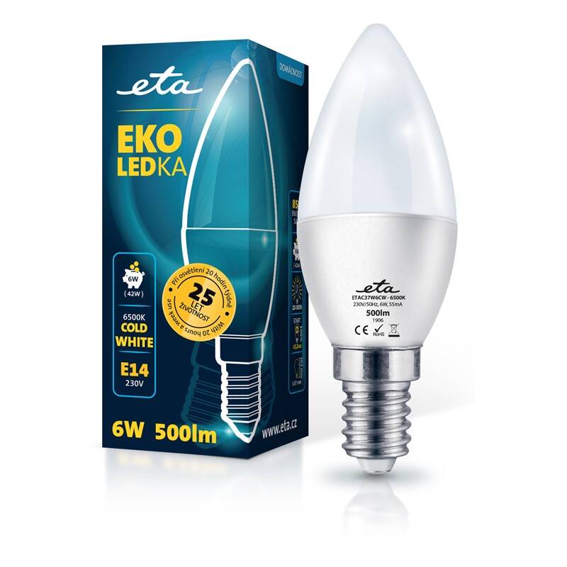LED žiarovka ETA EKO LEDka sviečka 6W, E14, studená biela (C37W6CW)