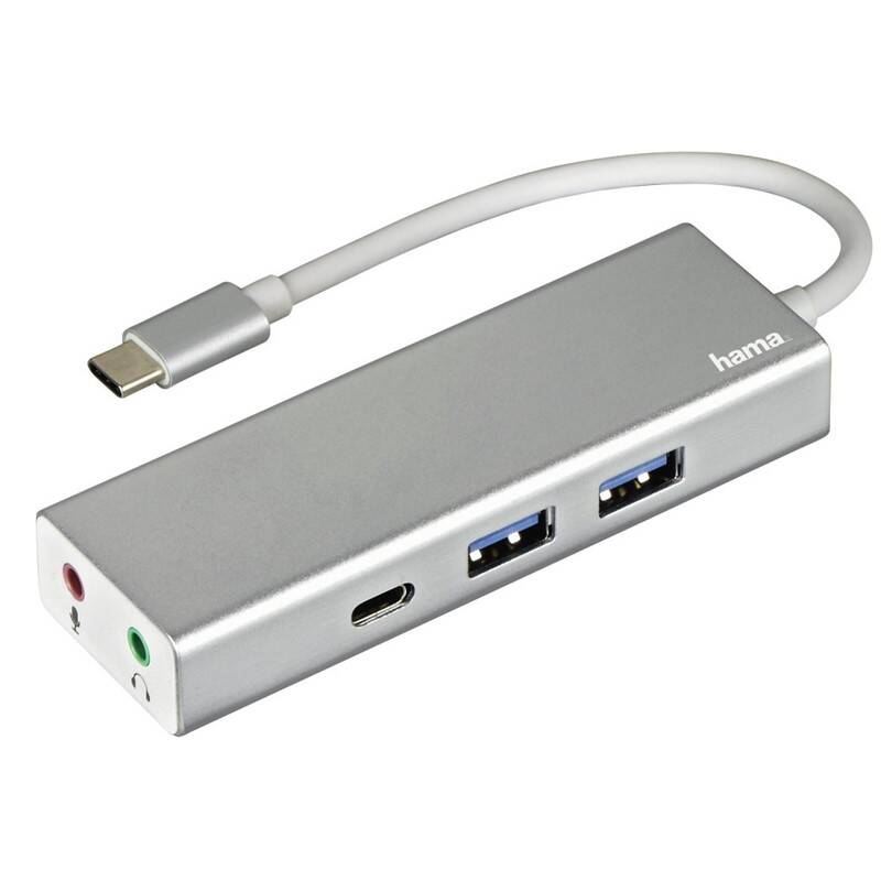 USB Hub Hama USB-C/2x USB, USB-C, Jack 3,5mm (135758) strieborný