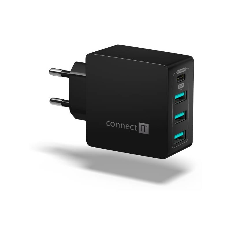 Nabíjačka do siete Connect IT Fast Charge 3x USB + 1x USB-C, 4,8A s funkcí rychlonabíjení (CWC-4060-BK) čierna