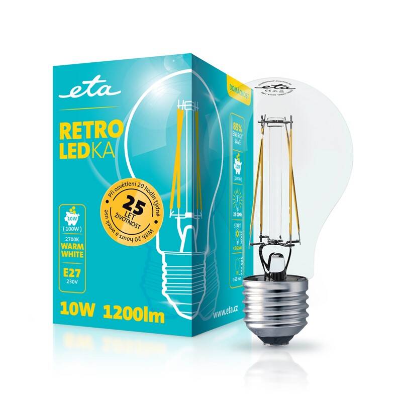 LED žiarovka ETA RETRO LEDka klasik filament 10W, E27, teplá biela (A60W10WWF)