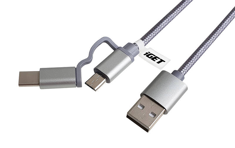 Kábel iGET USB/USB-C + micro USB, 1m strieborný