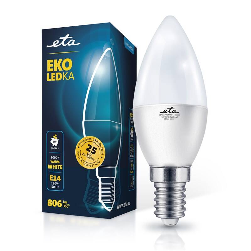 LED žiarovka ETA EKO LEDka svíčka 8W, E14, teplá bílá (ETAC37W8WW01)