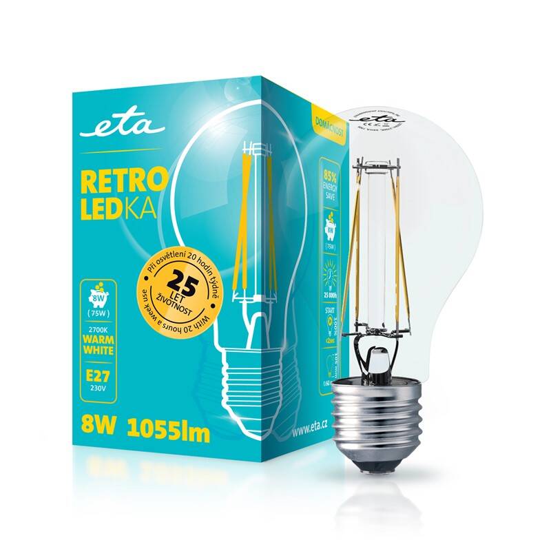 LED žiarovka ETA RETRO LEDka klasik filament 8W, E27, teplá biely (A60W8WWF)