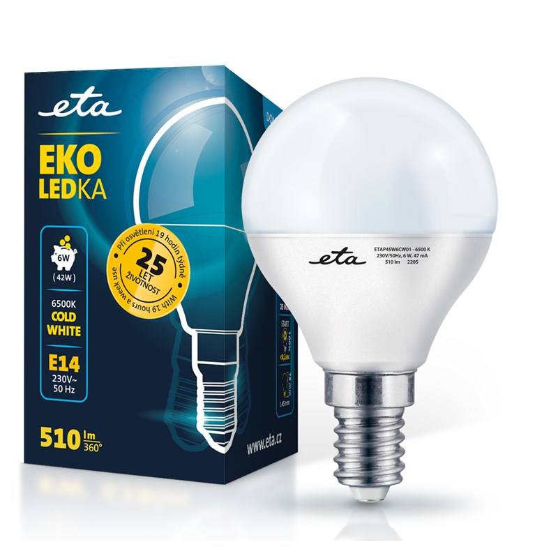 LED žiarovka ETA EKO LEDka mini globe 6W, E14, studená bílá (ETAP45W6CW01)