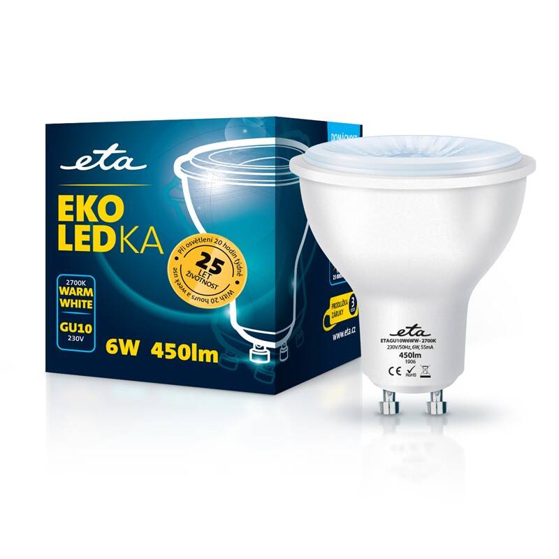 LED žiarovka ETA EKO LEDka bodová 6W, GU10, teplá biela (GU10W6WW)