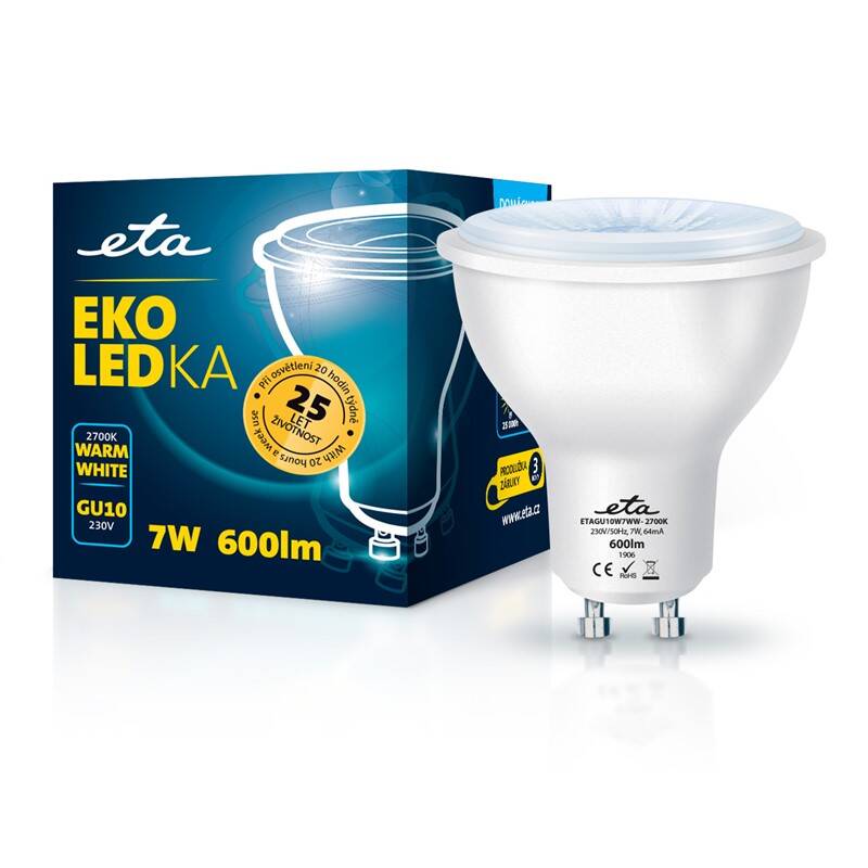 LED žiarovka ETA EKO LEDka bodová 7W, GU10, teplá biela (GU10W7WW)