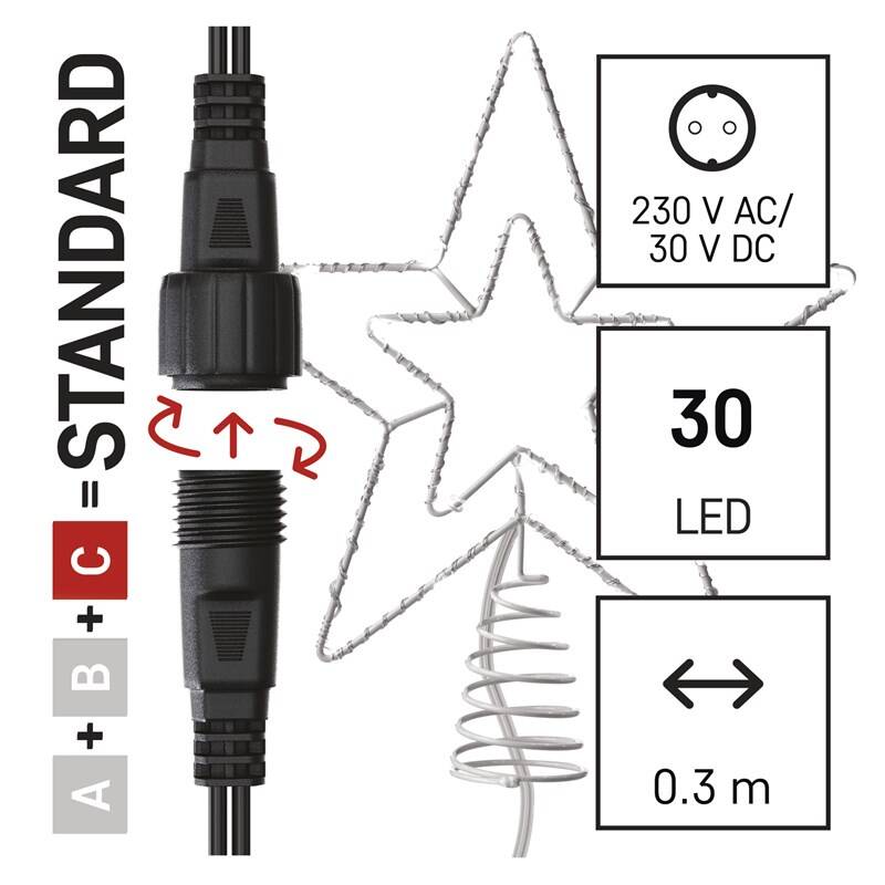 Obrázok Standard LED spojov. vianoč. hviezda, 28,5 cm, vonkaj. aj vnútor., studená biela, časovač , EM_1550012007