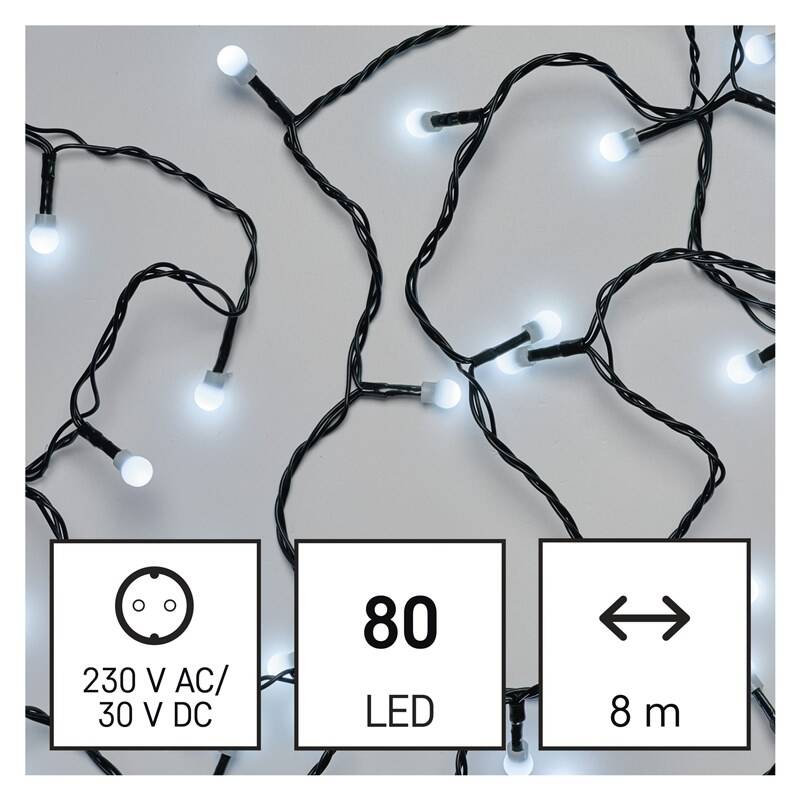 Obrázok LED vianočná cherry reťaz – guličky, 8 m, vonkajšia aj vnútorná, studená biela, programy , EM_1550052005