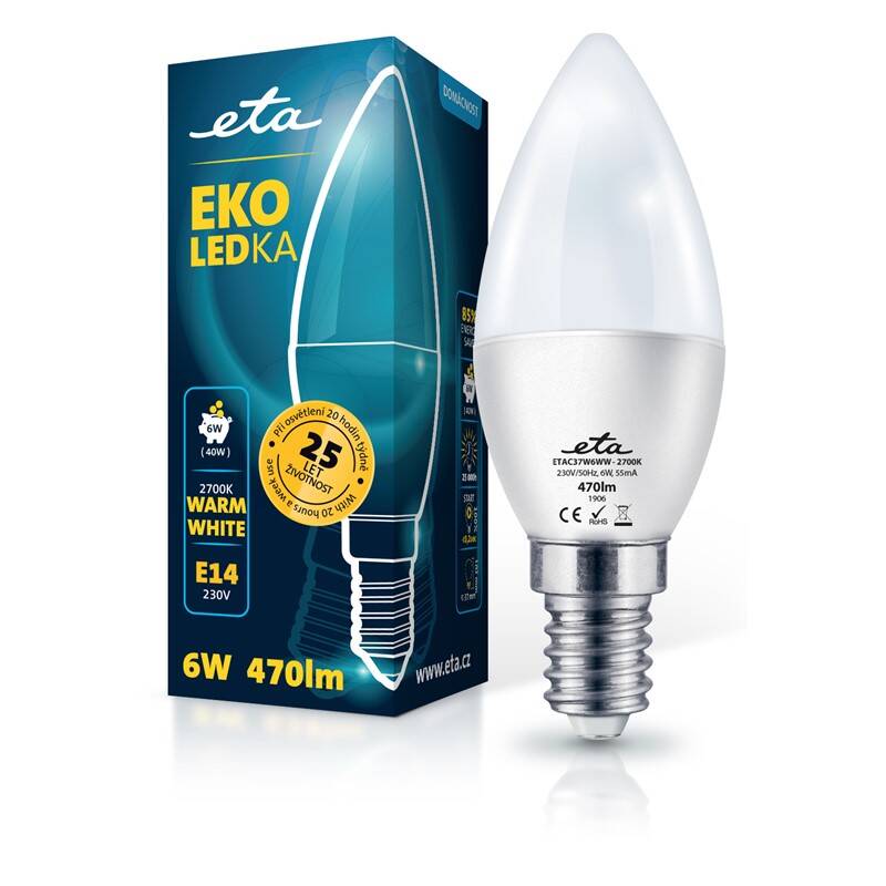 LED žiarovka ETA EKO LEDka sviečka 6W, E14, teplá biela (C37W6WW)