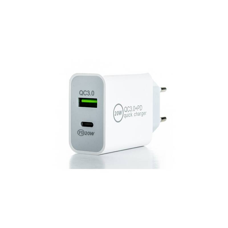 Nabíjačka do siete ER Power 20W USB-C PD, USB-A QC 3.0 biela