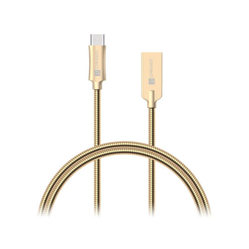 Kábel Connect IT Wirez Steel Knight USB/USB-C, ocelový, opletený, 1m (CCA-5010-GD) zlatý