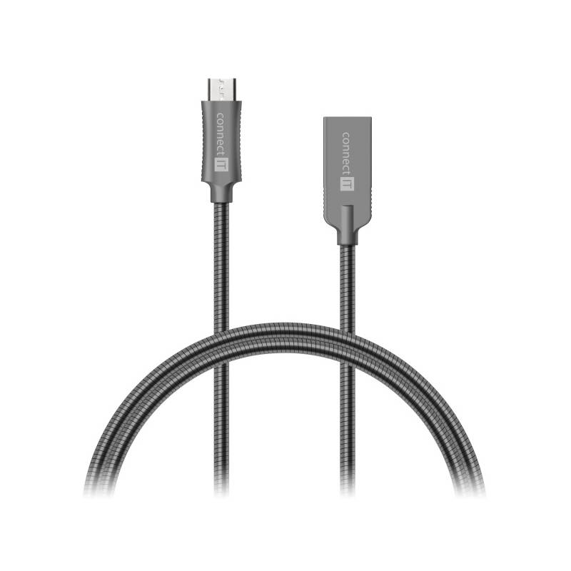 Kábel Connect IT Wirez Steel Knight USB/micro USB, ocelový, opletený, 1m (CCA-3010-AN) sivý