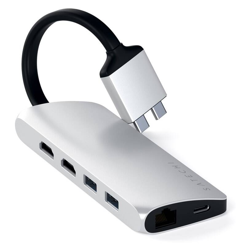 USB Hub Satechi USB-C Dual Multimedia Adapter (2x USB 3.0, 2x HDMI, USB-C, RJ45, Micro SD, SD) (ST-TCDMMAS) strieborná