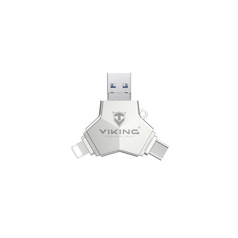 USB flash disk Viking 64GB, USB/USB-C/Micro USB/Lightning (VUFII64S) strieborný