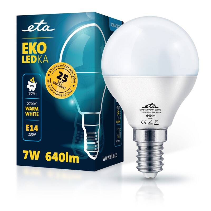 LED žiarovka ETA EKO LEDka mini globe 7W, E14, teplá biela (P45W7WW)