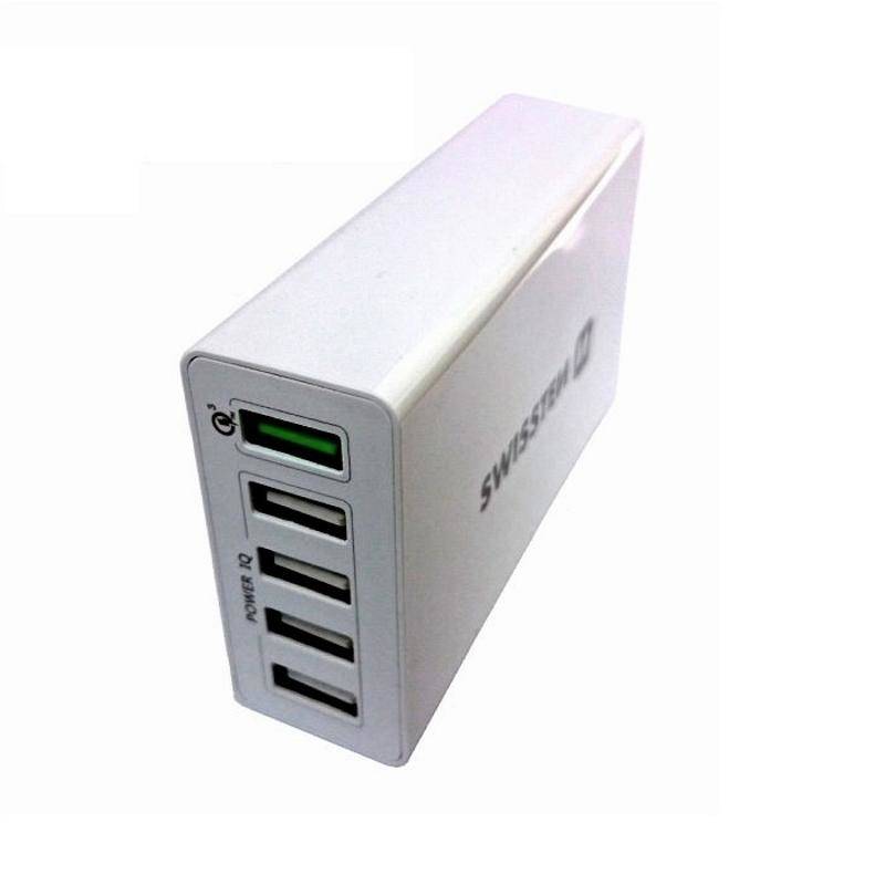 Obrázok Sieťový adaptér Swissten Qualcomm 3.0 Quick Charge + Smart IC 5x USB 50W Power, biely (bulk)