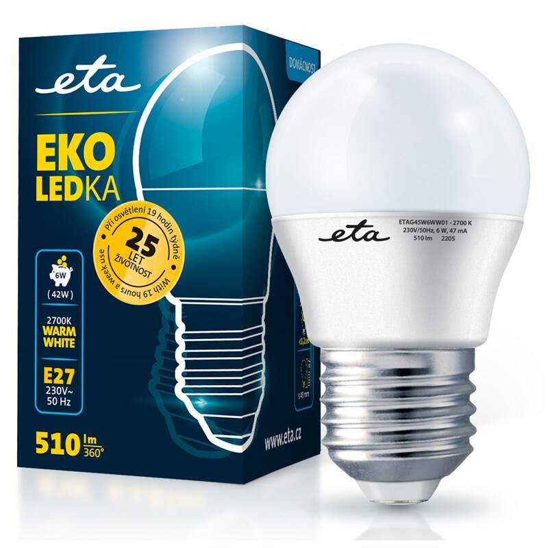 LED žiarovka ETA EKO LEDka mini globe 6W, E27, teplá bílá (ETAG45W6WW01)