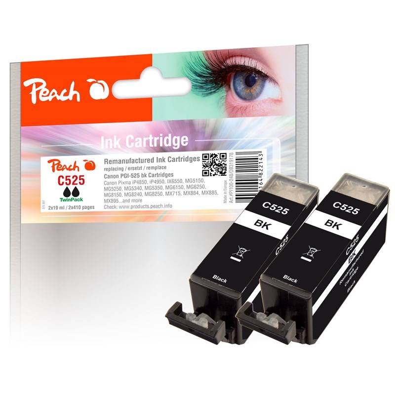 Cartridge Peach Canon PGI-525*2, TwinPack, 2x19 ml (319178) čierna