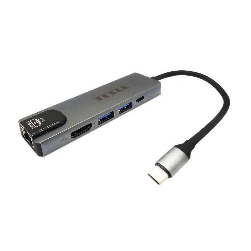 USB Hub Tesla Device MP80 5v1, USB-C/2x USB 3.0, USB-C, RJ45, HDMI strieborný