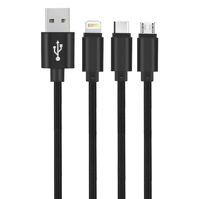 Kábel Setty 3v1 USB/Micro USB, Lightning, USB-C, 1m (GSM043225) čierny
