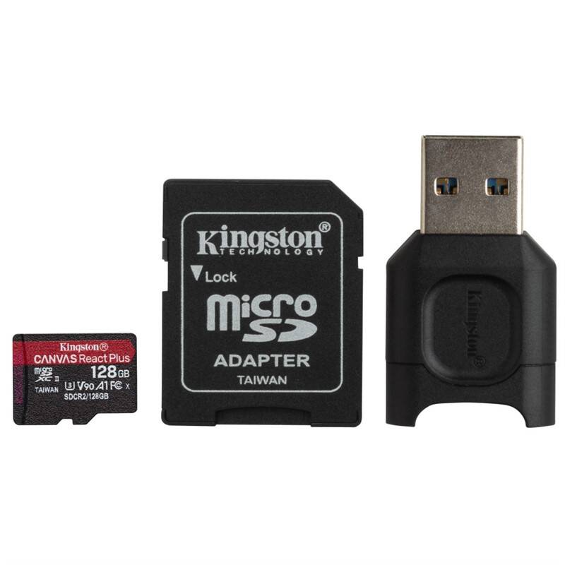 Pamäťová karta Kingston Canvas React Plus MicroSDXC 128GB UHS-II U3 ??(285R/165W) + adaptér + čítačka (MLPMR2/128GB)